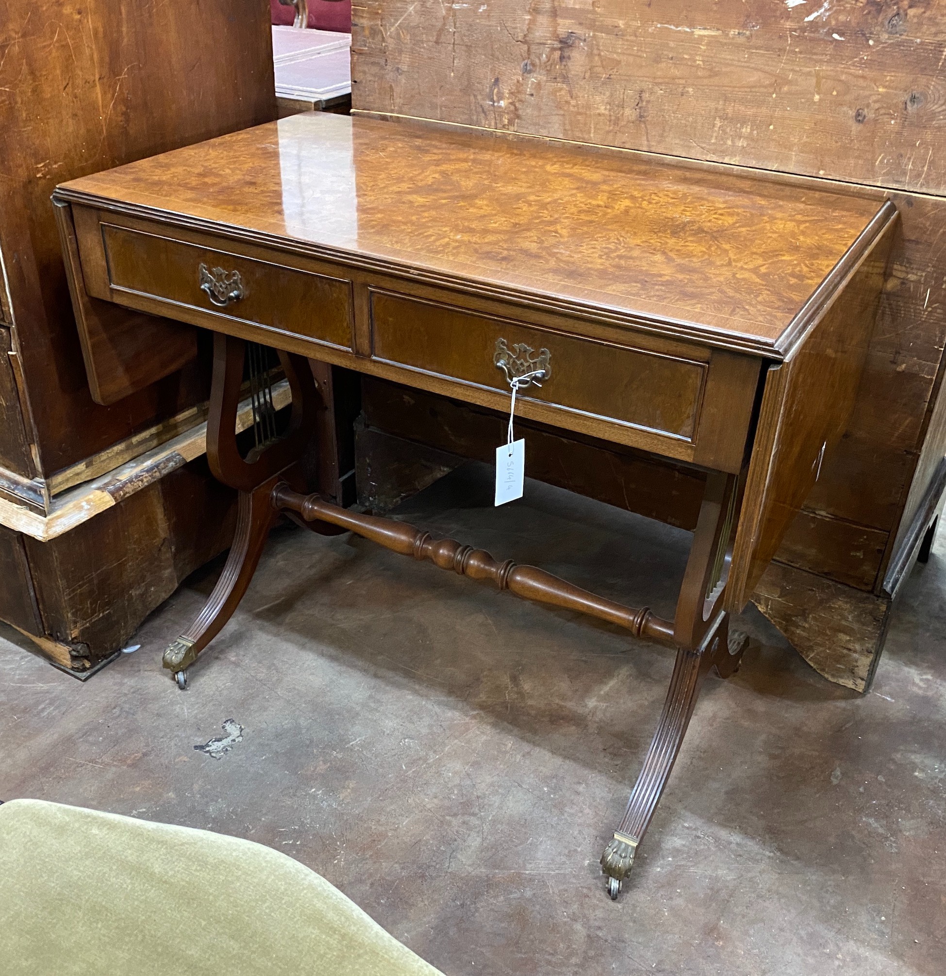 A reproduction walnut sofa table, width 87cm, depth 50cm, height 74cm